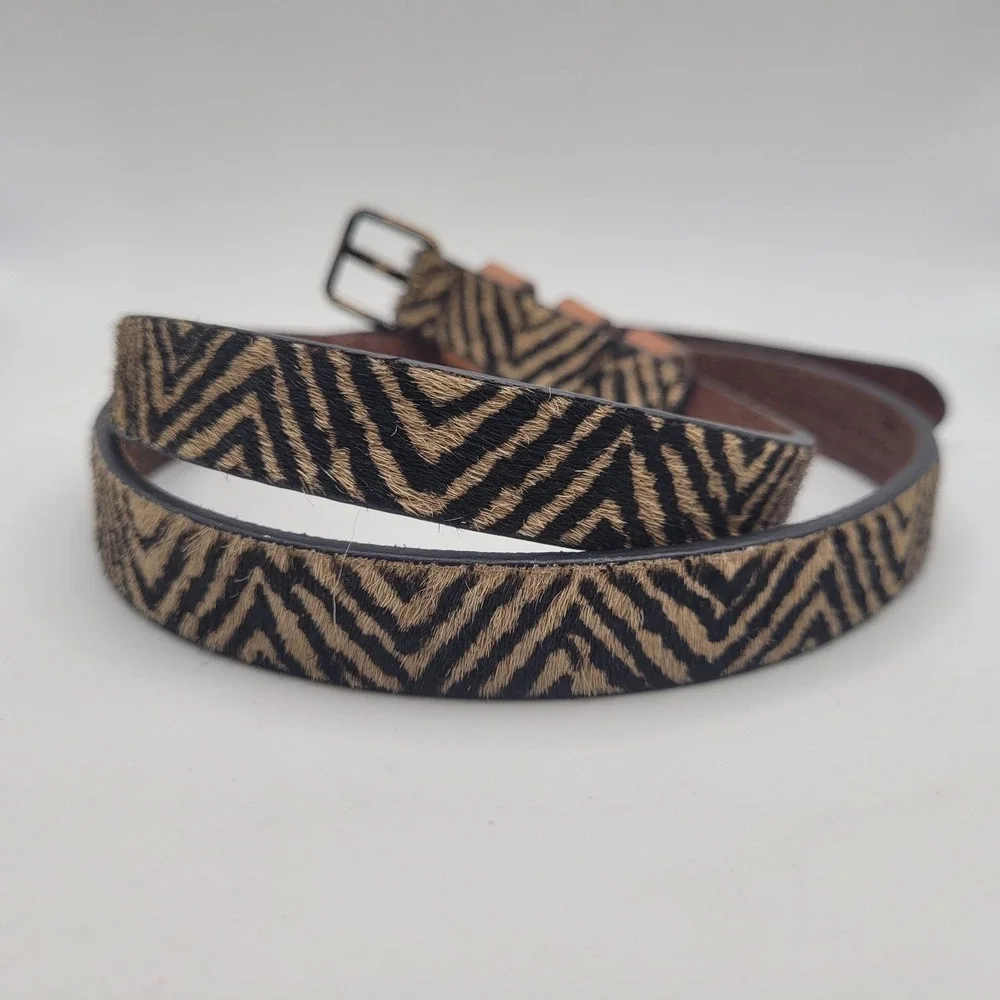 Zebra Print Belt Med Brown Calf Hair Leather Skinny Thin Boho Equestrian Cowgirl
